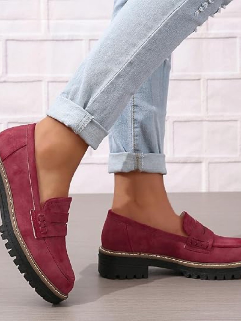 NWOT Red Suede Womens Loafers Shoes Platform Chunky Penny Loafer Lug Sole 8.5